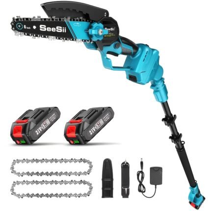 Seesii 2-IN-1 Cordless Pole Saw & Mini Chainsaw, 6-Inch Brushless Chain Saw with 2x 2.0Ah Battery, 16-Foot MAX Reach Brach Tree Saw with Extension Pole for Wood Cutting Garden 2024 UPGRADE