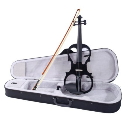 4/4 Full Size Electric Silent Violin with Headphone Jack & EQ Controls - Black Piano Lacquer Finish, Includes Case, Bow, Strap, Headphones & Connecting Cable - Professional Practice & Performance Instrument V-002