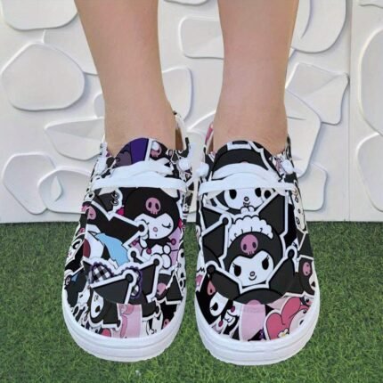 Sanrio Women's Casual Sneakers - Hello Kitty & My Melody Cartoon Design, Black with Pink Accents, Soft Fabric Upper & TPR Sole, All-Season Comfort Walking Shoes for Casual Attire, Ladies Sneakers, Playful Design, Comfortable Fit