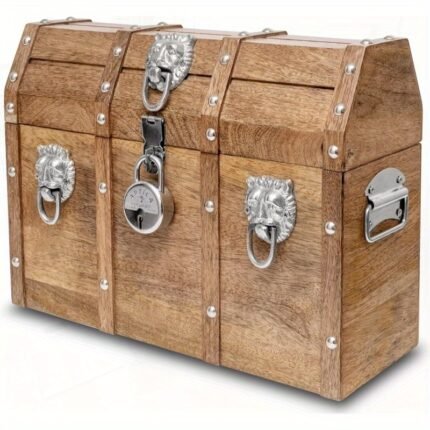 Handmade Pirate Treasure Chest with Lock & Keys - Vintage Pirate Trunk with Metal Padlock, Heavy-Duty Storage Box, Lion-Shaped, Antique Decorative Chest for Home, Halloween, Pirate-Themed Parties - Made from Mango Wood (16x12x6 Inches) - Ideal Gift for Collectors, Party Decoration, Rustic Charm, Sturdy Build, Unique Home Accessory, Themed Party Planners