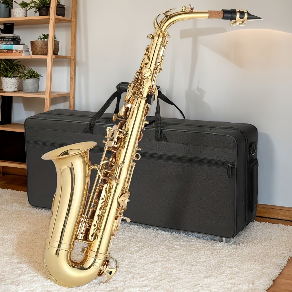 ae605043-70fc-4ce3-8692-3925deba9082.jpg 1-Pro Professional Alto Saxophone with Golden-Plated Brass Body, Golden-Finish & Case, Mouthpiece & Accessories Included - Heavy-Duty Construction, 0-90ms Quick Response, ±3-Center Stability, Ergonomic Design for Jazz, Classical, Pop Music - Ideal for Beginners & Professionals (Ideal for Recording & Live Performances) - Alto Saxophone with Golden Plating, Long-Lasting & Easy to Play (Men's Use), Saxophone Accessories, Travel Saxophone, Soprano Sax Instrument, - Image 1