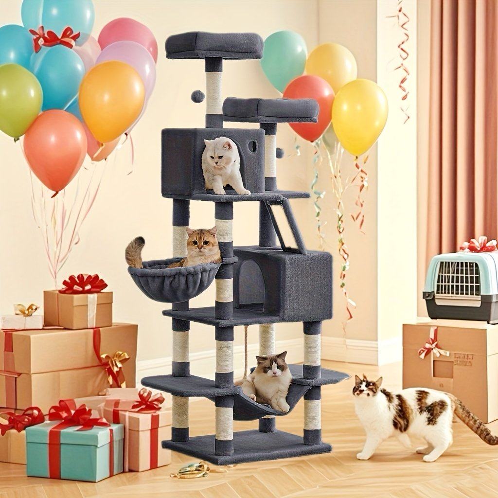 aea2fe2d-0d4d-44a9-a223-a695ece4a9a2.jpg 66.1/44.1in Cat Tree, Large Cat Tower with 13 Scratching Posts, 2 Perches, 2 Caves, Hanging Basket & Hammock, Pompoms, Stable Kitty Play House, Multi-Level Plush Cat Condo for Indoor Cat, Easy to Assemble, Perfect Children's Day Gift for Pet Families - Image 1