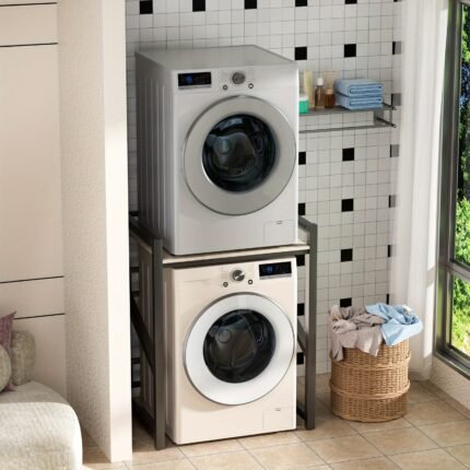 Heavy-Duty Washing Machine Storage Shelf - Space-Saving Laundry Organizer with Countertop, 2-Tier Adjustable Height (Up to 66.1"), Sturdy Metal Construction, for Washing Machine, Dryer, Kitchen, Bathroom - Easy Assembly, Modern Black Finish, Appliance Storage, Sleek Design, Durable Construction, Utility Rack, Apartment Dwellers