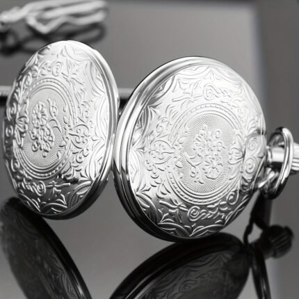 Silver Mechanical Pocket Watch Flower Pattern Copper Shell Hand Wind Mechanical Pocket Watch Mens Watches Birthdays Father's Day Gifts for Dad