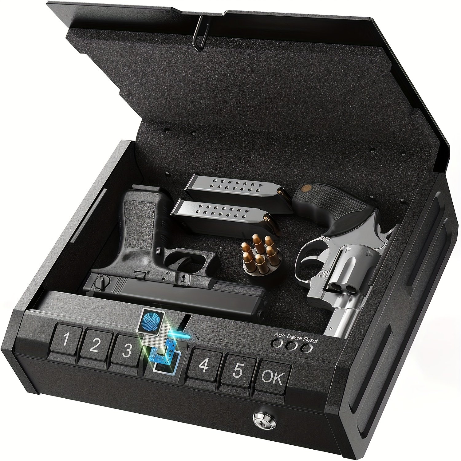 af7306fa-ee17-41fa-b8ae-3ab307491a0a.jpg Biometric Gun Safe for Pistols - Quick-Access Handgun Lock Box with Fingerprint & Key Pad, Secure Storage for Firearms, Valuables, and Ammo, Black Aluminum Alloy, Dual Access System, Long-Lasting Battery Life, Theft Deterrent Safe Durable Lock Box, Best for Christmas - Image 1