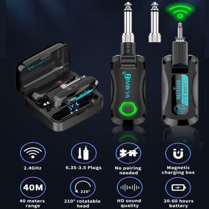 [LEFIKO 2.4G Guitar System] LEFIKO 2.4G Wireless Guitar System | 20-Hour Long Battery Life, LED Power Display, Automatic Power Saving, Compact Design | for Electric Guitar, Bass, and Other Electronic Instruments, 6.35mm and 3.5mm Audio Jacks, Portable Guitar Setup, USB Charging Case