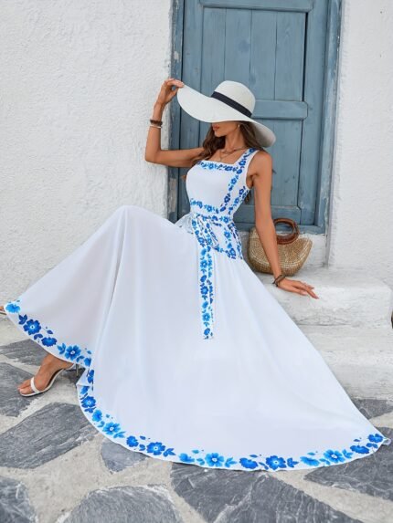 Elegant Floral Print Maxi Dress for Women - Sleeveless A-Line Summer Dress with Back Tie, Blue Floral Pattern, Polyester, Perfect for Casual or Formal Occasions, Floral Dres