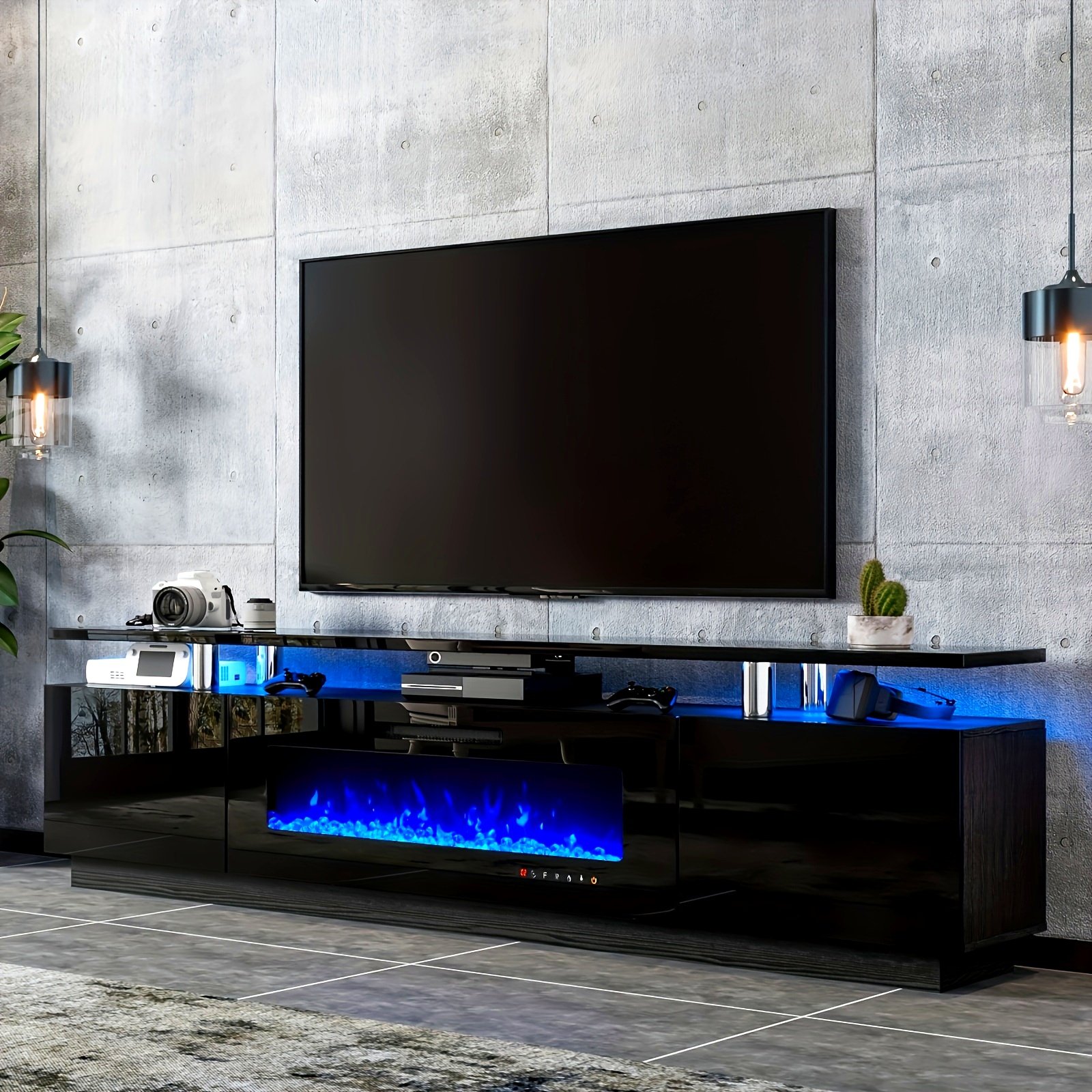 affe511fe5242d0f6d9c673a538ab16d_5n5BKi1bGhuXc.jpg 80 inch Fireplace TV Stand, Modern High Gloss Finish Media Console with Electric Fireplace, Open Storage LED Entertainment Center for TVs Up to 90, All Black - Image 1