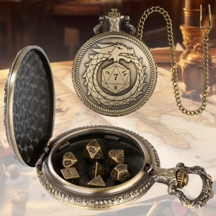 Bronze Dragon Tail Pocket Watch with Chain and 7 Dice - Perfect for Role-Playing Games