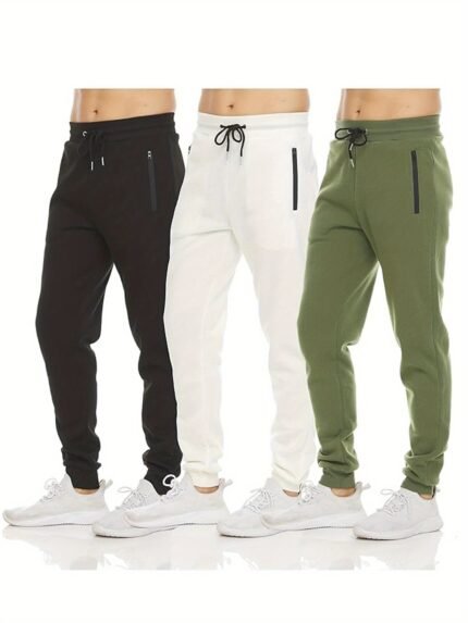 3pcs Mens Sweatpants Fleece Casual Sport Joggers For Men Athletic Pants With Zipper Pocket S-3XL