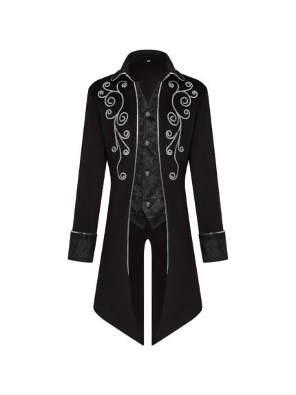 1pc Steampunk Vintage Tailcoat Coat for Men - Medieval Gothic Velvet Embroidery, Black with Intricate Patterns, Perfect for Victorian Frock Uniforms, Dancing Parties, and Halloween