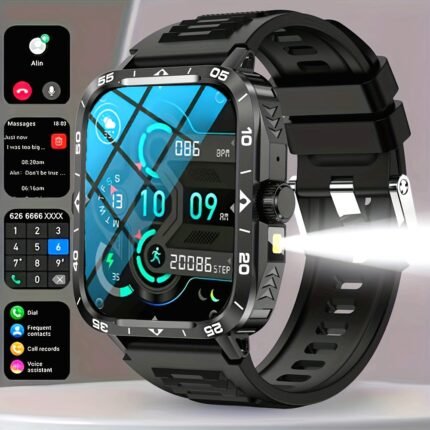 1.95-inch Smart Watch with LED Flashlight, Compatible with Android and iPhone, 100+ Sports Modes, Custom Faces, Step Counter, Distance Measurements, Waterproof, USB Charging, Wireless 5.1, TFT Display, Polymer Lithium Battery 300mA