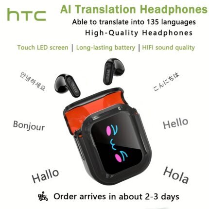 HTC NE20 New AI Translation TWS Wireless Earbuds with HD LED Touch Screen, Bluetooth 6.0 Ultra-Low Latency HIFI Stereo In-Ear Headphones, 134 Languages Face-to-Face Realtime Interpretation Function for Gaming Business Study Daily Use Birthday Halloween Present