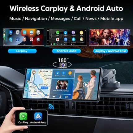 10-inch Touch Screen Car Dash Cam: 4K Front & 1080P Rear Camera, CarPlay & Android Auto, GPS, Voice Control. Suitable for 4K Car Recording. Features A Rotatable Camera for Rear Seat Monitoring.