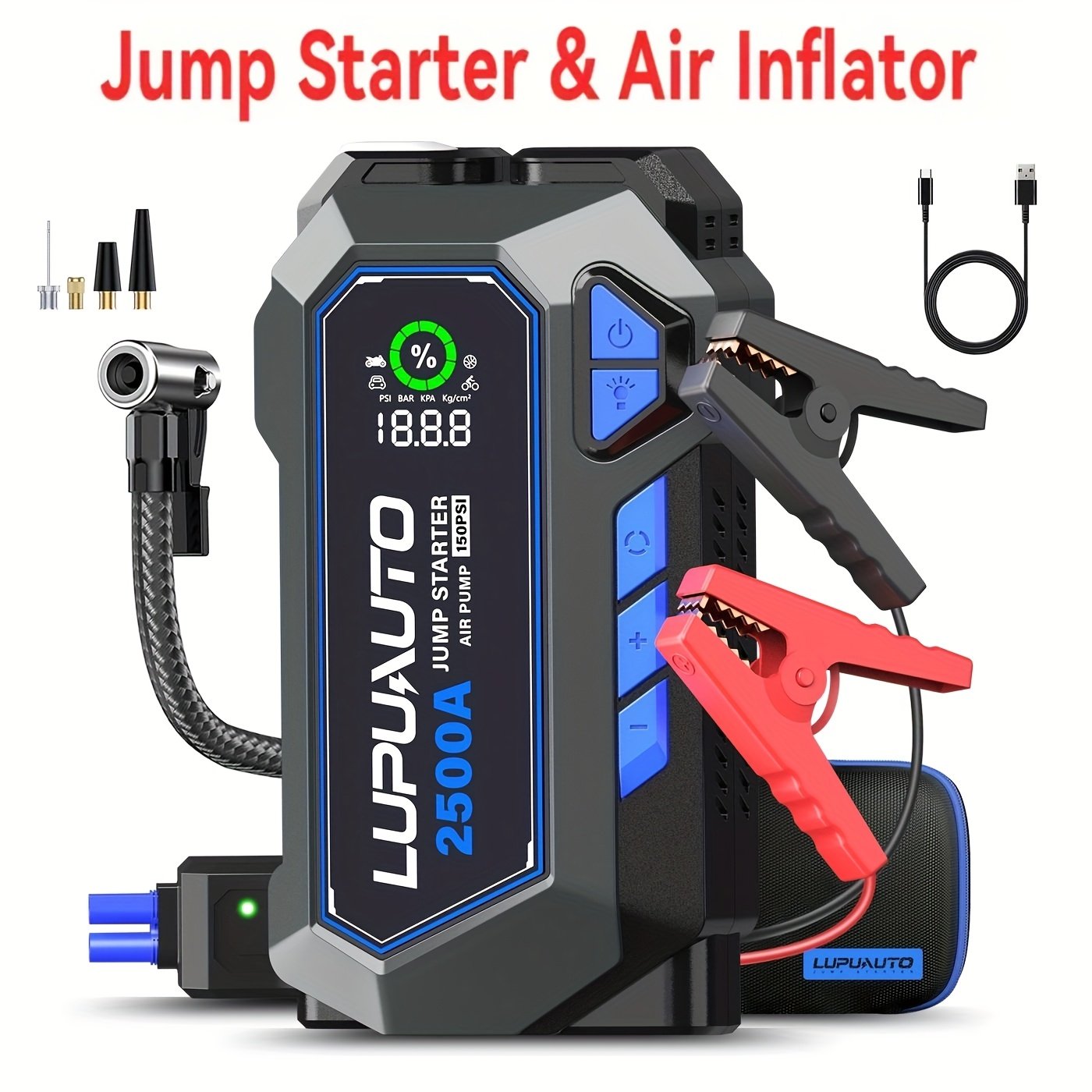 b26550cd-1269-440d-91fe-b85b9b53b38a.jpg LupuAuto Jump Starter With Tire Inflator, Portable Power Bank Tire Inflator, 150PSI Cordless Dual-Cylinder 2X Faster Air Inflation, With USB Type-C Outputs, Smart Safety Jumper Cables And LED Flashlight - for Cars, Motorcycles, Bikes, Festivals - Image 1