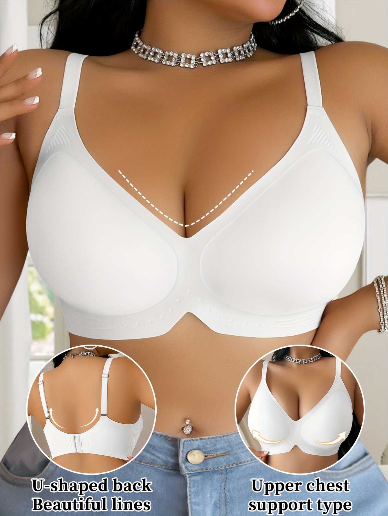 b2b343f3-d547-4470-a14d-1a1b60dac16c.jpg Women'S Plus Size Jelly Bra, Elegant Solid Color with Side Stripe Detail, Polyamide 75% Elastane 25%, High Stretch Knit Fabric, Removable Padding, U-Shaped Back, Adjustable Straps, Wireless Support - Image 1