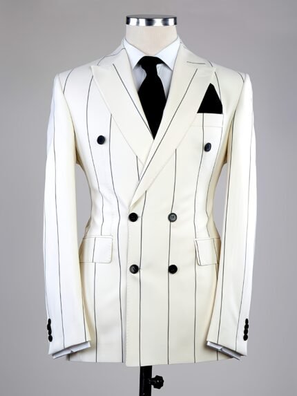 Elegant Men's Vertical Stripe Double-Breasted Notched Lapel Suit Jacket - & Black Stripes, Machine Washable, Regular Fit for Spring Summer Fall, Formal & Casual Occasions, Sophisticated Tailoring, Office Wear, Classic Style, Durable Fabric, Stylish Men