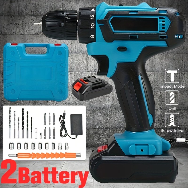 b2faef60-e763-4a6e-aa5c-c92e068358ce.jpg Yellow/blue 36VF Rechargeable Drill Bit, US Gauge Plug, 2 Batteries And Charger, Equipped With Drill, LED Lighting, Portable Multi-function Power Tools, Screwdriver, Metal, Wood, Tile Drill - Image 1