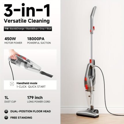 Stick Vacuum Cleaner for home Corded 22ft with 18-25KPa Powerful Suction Power Adjustable Lightweight Bagless Vacuum Cleaner with HEPA Filter for Blankets, Hardwood Floors, Pet Cat Hair, Heavy Duty Vacuum Cleaner, Cordless Vacuum Cleaner High Suction Heavy Duty, Vacuum Cleaner Cordless Strong Suction, Vacuum Cleaner for Home Heavy Duty, Vacuum Cleaner Car, Hardwood Floor Cleaner, Home Cleaning, Compact Design, Ergonomic Handle, Powerful Motor, Durable Construction,