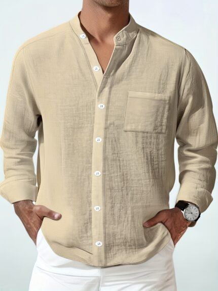 [Linen Shirt] 95% Linen Men's Shirt | Lightweight, Breathable Summer Casual Button-Up with Stand Collar, Regular Fit for Beach & Urban Wear, Solid Color