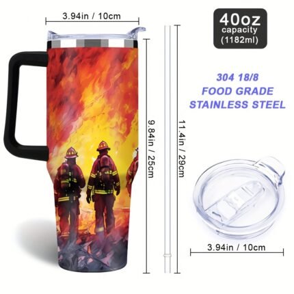 40oz Firefighter Stainless Steel Tumbler, Double-Wall Vacuum Insulated Cup with Lid and Straw, Portable Handle, Fireman Gift - 1pc