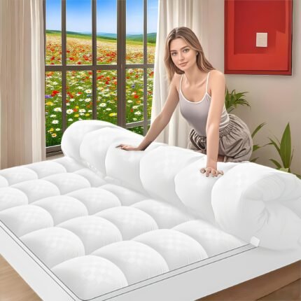 Extra Thick Cooling Mattress Topper - Heavy Duty Mattress Pad Cover with Overfilled Plush Pillow Top, Cooling & Supportive Bed Surface, Machine Washable - for Bedroom, Dorm, Hotel - Mattress Protector for Pressure Relief & Spinal Alignment, Dorm Room Essentials, Cozy Sleep Surface, Premium Comfort, Breathable Fabric, Soft Sleep Layer, College Students, Home Sleepers