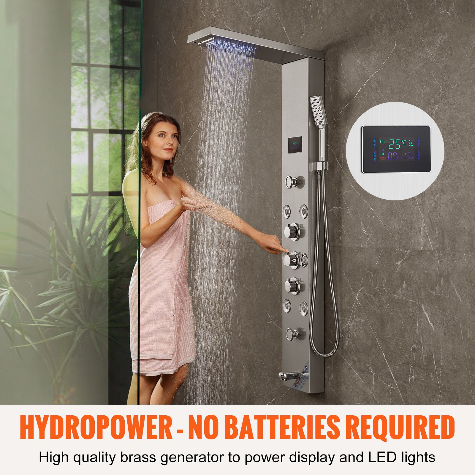b4e6b5a9-64f3-49a6-bb30-aa8a1d23eaf0_1600x1600.jpeg.format.jpg VEVOR Shower Panel System, 6 Shower Modes, LED & Screen Hydroelectricity Shower Panel Tower, Rainfall, Waterfall, 5 Massage Jets, Tub Spout, Handheld Shower, Stainless Steel Wall-Mounted Shower Set - Image 1