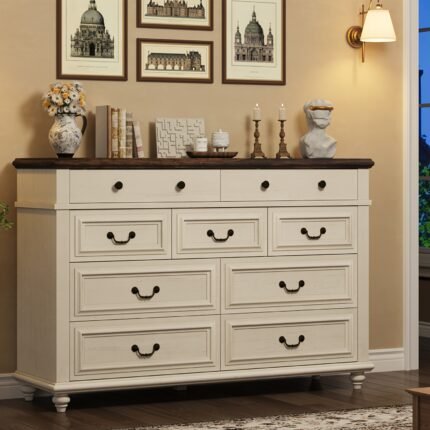 9-Drawer White Wooden Storage Cabinet with Black Handles - 53.94x15.75x36.22inch, Modern Minimalist Design for Bedroom, Living Room, Office Organization, Durable Wooden Construction, Bedroom Organizer, Sleek Furniture, Smooth Finish, Storage Boxes, Single-Button Open, Underbed Drawers & The Ample Headboard Mergency Drawers