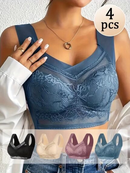 4 Stylish Floral Lace Bra Bra for Women - Comfortable, Breathable, Wireless Design with Contrasting Lace - Full Coverage Women'S Lingerie And Underwear