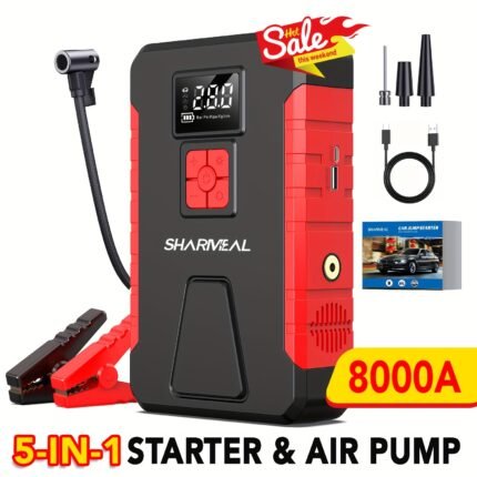 SHARMEAL 8000A Peak Car Jump Starter & 160PSI Portable Tire Inflator Emergency Jump Box, Car Battery Charger Portable for 12V (ALLGas/2.11gal Diesel) Start The Car Quickly, USB Input/output, LED Emergency, Car Accessories Tools