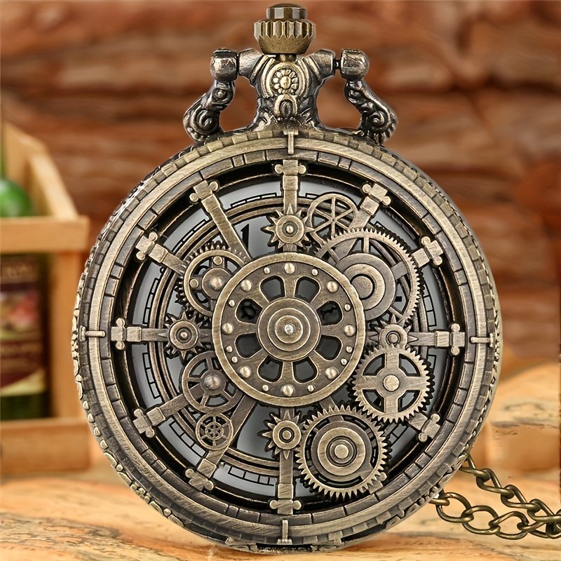 b5e536d4-50ba-4940-825e-5469755d4621.jpg Vintage Hollow Gear Design Quartz Pocket Watch with World-Time Feature, Alloy Case, Round Electronic Movement, Non-Waterproof Pendant Necklace Watch with Pointer Display - Image 1