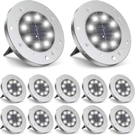 12 Outdoor Solar Ground Lights with 8 LED Waterproof Stainless Steel Landscape Lights Featuring an Automatic Switch Sensor, 10 Hours of Battery Life, Easy to Install for Gardens, Pathways, And Lawns - White, Pathway Lighting | Durable PC Lens, Solar Path Light, Led Solar Outdoor Light, Garden Lighting Solar, Solar Light Outdoor Garden, Walkway Solar Light, Solar Powered Outdoor Light, Outdoor Solar Light For Yard, Landscape Solar Light, Solar Light Outdoor, Solar Light For Outside