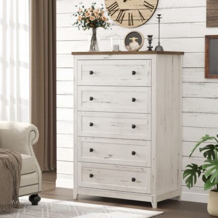 LEAGLOJOY Farmhouse 5 Drawers Dresser for Bedroom, Dressers & Chests of Drawers, Tall Wooden Dresser Organizer for Bedroom, Living Room, Hallway, Entryway