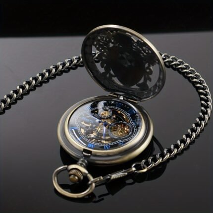 Men's Vintage Mechanical Pocket Watch - Steampunk design with Roman Numerals, Manual winding, Chain - Non-High Quality - Ideal for Formal & Casual Events - Mechanical Watch for Men - Vintage Pocket Watch with Chain, Formal Accessories, Roman Numeral Display, Classic Design, Metallic Finish, Retro Style Accessory, Retro Timepiece, Durable Construction, Retro Style Lovers
