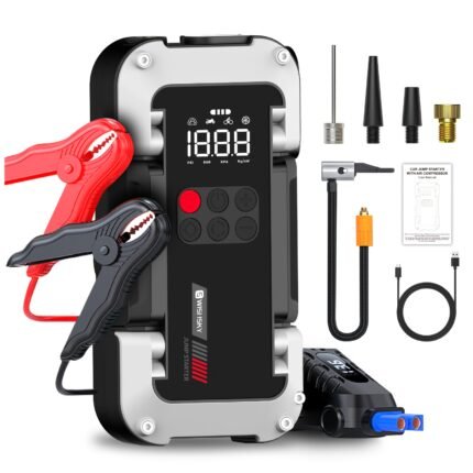 9000A Peak Portable Car Jump Starter with Air Compressor (150PSI), LED Light, USB &Type-C, Power Bank, Jump Starter for Cars, Trucks, SUVs, Boats, RVs, 5-in-1 Emergency Battery Booster Pack for Vehicle Rescue, Outdoor Emergency, Car Jump Starter Portable, Portable Car Battery Jump Starter, Car Jump Starter Battery Pack, Car Jump Starter, Portable Car Jump Starter, Vehicle Rescue Tool, Emergency Power Bank, Multifunctional Device, Compact Design