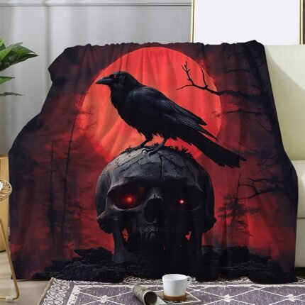 Cozy Flannel Throw Blanket with Skull & Crow Print - Soft, Warm & Versatile for Couch, Bed, Office, and Camping - Perfect All-Season Gift
