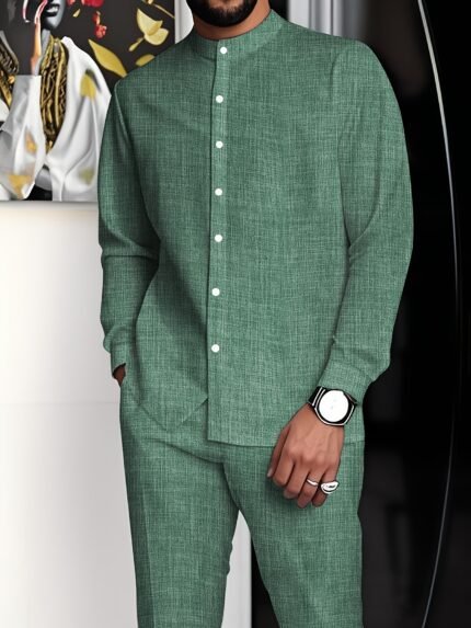 Men's minimalist Business Suit, Featuring a Stand Collar Long-Sleeved Button-Up Shirt and Straight-Cut Pants, with Solid Color and Simple Design, Exuding a Minimalist and Elegant Charm, Suitable for Business Meetings and Casual Gatherings, Business Attire, Office Wear, Classic Style, Minimalist Suit, Tailored Fit, Durable Fabric, Twopiece Set, Longsleeve Shirt, Modern Gentlemen, Corporate Professionals