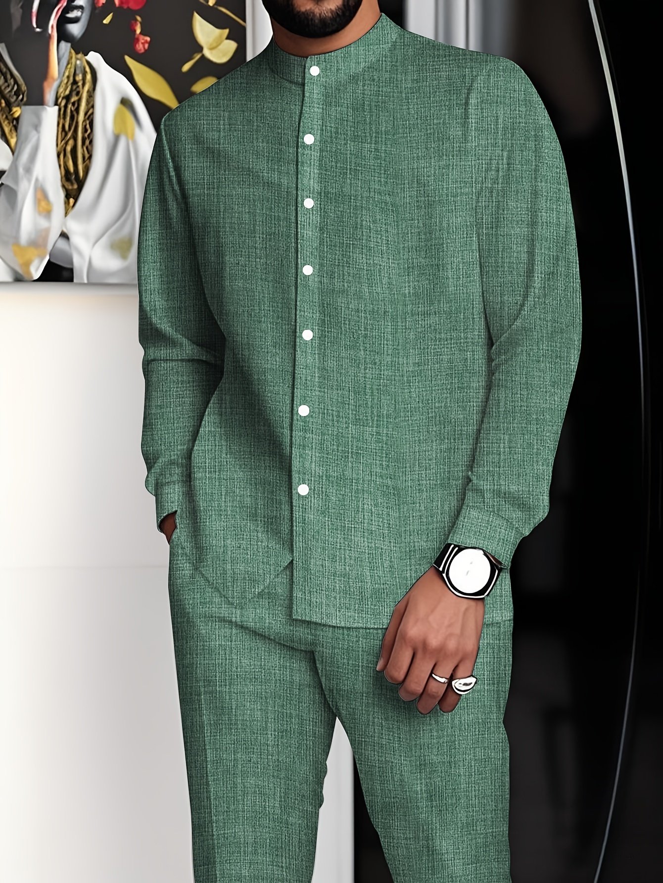 b873818c-1be4-4b58-970e-564d99a1f3a7.jpg Men's minimalist Business Suit, Featuring a Stand Collar Long-Sleeved Button-Up Shirt and Straight-Cut Pants, with Solid Color and Simple Design, Exuding a Minimalist and Elegant Charm, Suitable for Business Meetings and Casual Gatherings, Business Attire, Office Wear, Classic Style, Minimalist Suit, Tailored Fit, Durable Fabric, Twopiece Set, Longsleeve Shirt, Modern Gentlemen, Corporate Professionals - Image 1