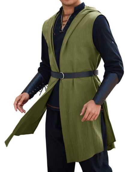 Men'S Medieval Knight Costume - Hooded Surcoat & Sleeveless Tunic Top with Adjustable Waist Belt, Olive Green Renaissance faire, Viking, Halloween Costume - Non-Stretch Fabric for Historical reenactment, Cosplay, Themed Parties - Easy-to-Wear Medieval Attire, Medieval Accessories, Viking Outfit, Openfront Design, Durable Material, Cosplay Enthusiasts