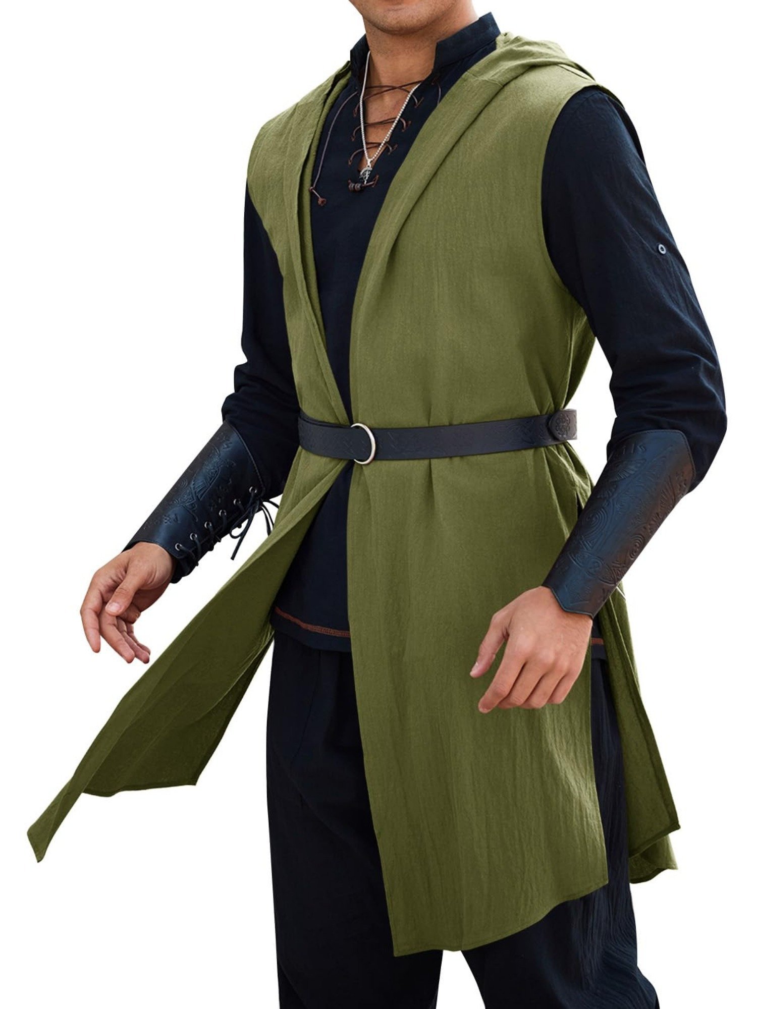 b873d9b0de71483f810174fbacc96fb9-goods.jpeg Men'S Medieval Knight Costume - Hooded Surcoat & Sleeveless Tunic Top with Adjustable Waist Belt, Olive Green Renaissance faire, Viking, Halloween Costume - Non-Stretch Fabric for Historical reenactment, Cosplay, Themed Parties - Easy-to-Wear Medieval Attire, Medieval Accessories, Viking Outfit, Openfront Design, Durable Material, Cosplay Enthusiasts - Image 1