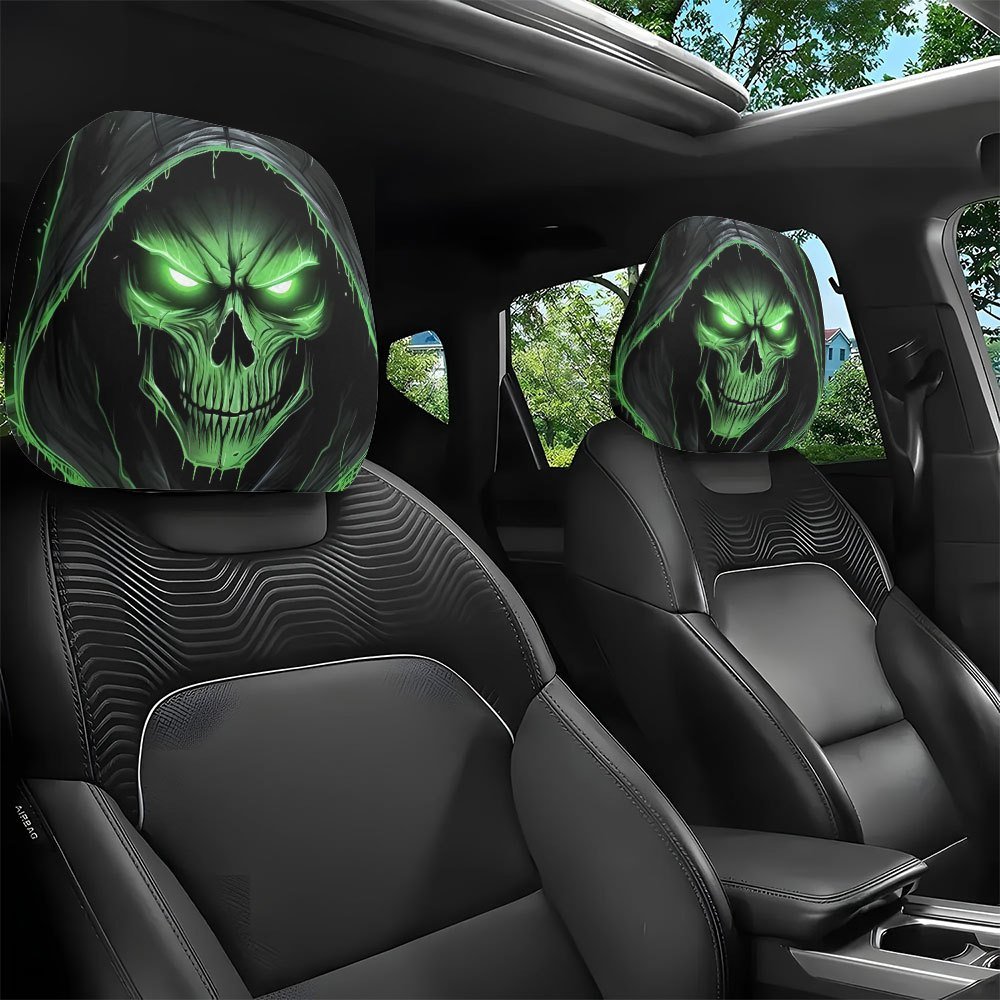 b8c7ab9b36fa48f5a86337e3742f3f8c-goods.jpeg 2pcs Green Skull Print Car Headrest Covers, Halloween Gift, Comfortable Driving Experience, Seat Headrest for Car Cover, Pillow for Car Seat, Car Head Rest Pillow, Car Seat Covers, Headrest Covers for Car Seats, Fun Headrest Car Cover, Car Cover Seat, Seatbelt Pillow, Back Seat Car Seat Cover, Car Seat Protectors, Car Seat Headrest Covers, Car Print Headrest, Car Cushions, Car Head Seat Covers, Long Drive Comfort, Car Seat Maintenance, Printed Car Cushions, - Image 1