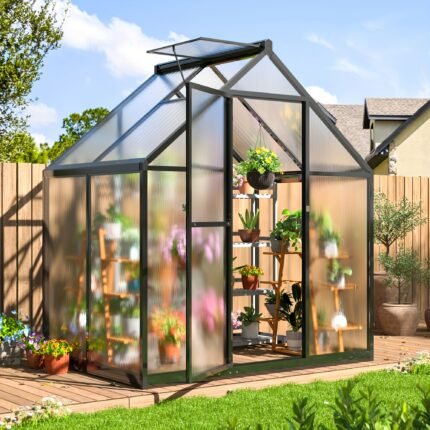VIWAT Greenhouse for Outdoors, Polycarbonate Greenhouse with Quick Setup Structure and Roof Vent, Aluminum Large Walk-in Greenhouse for Outside Garden Backyard, Garden Houses