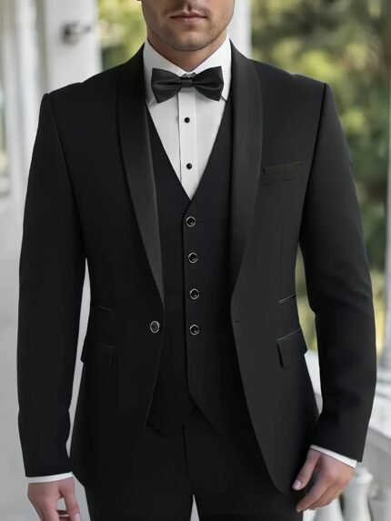 Men'S Elegant Three-Piece Black Tuxedo Suit with Bow Tie - Perfect for Weddings, Formal Events, and Work Attire - Includes Vest, Dress Shirt, and Pants, Formal Attire|Classic Tuxedo|Sophisticated Style