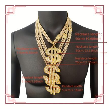 Sky Talent Bao Men'S 18K Gold Plated Plated Cuban Chain Necklace with Rhinestones Pendant - Hip-Hop Style, Oversized Faux Design, Synthetic Stone, Perfect for Parties & Gifts