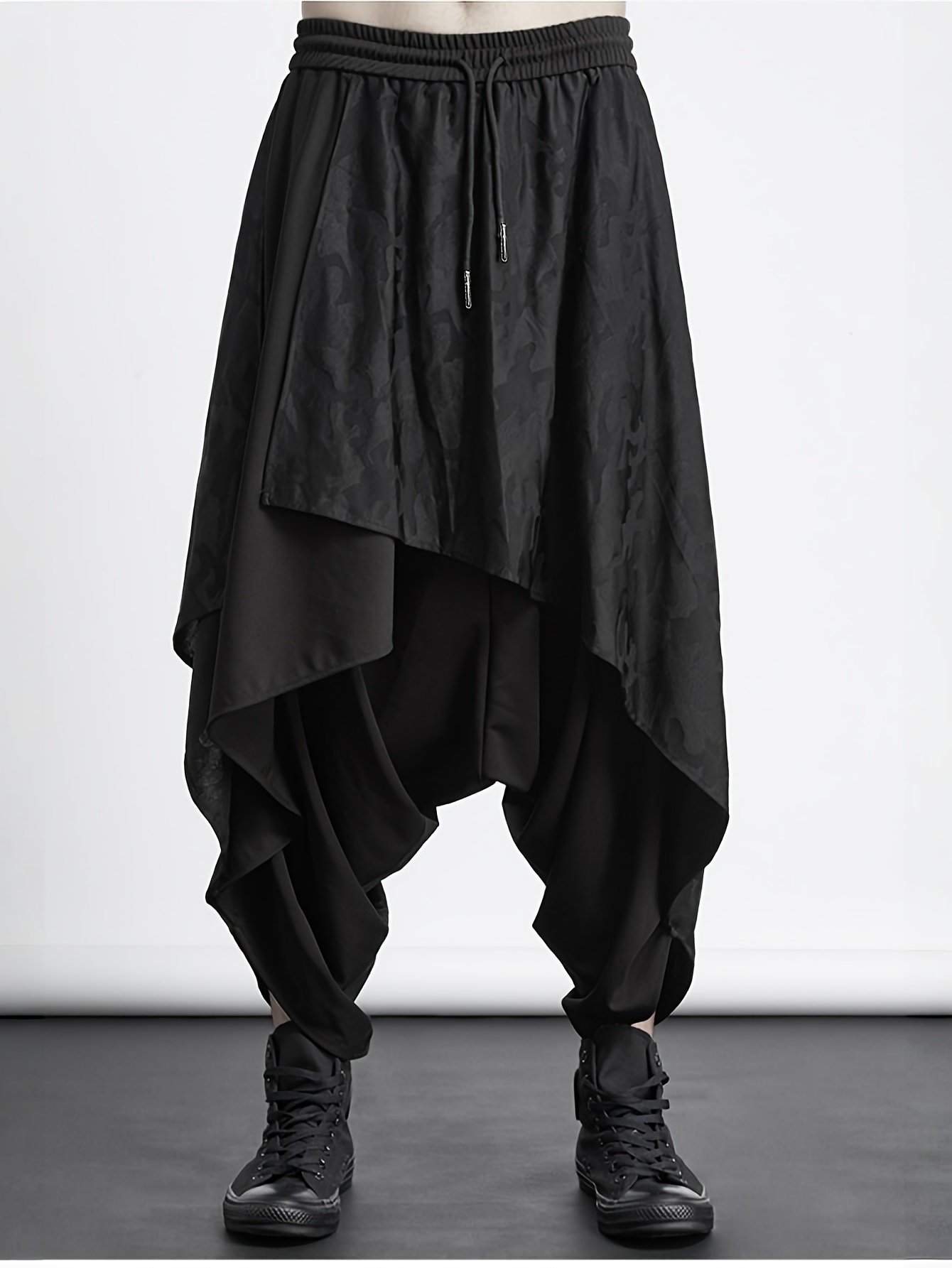 ba5d3c60-070f-4be5-8a23-b1d2b305c360.jpg Men's Plus Size Dark Colorblock Harem Pants - Loose Fit Casual Trousers with Asymmetrical Hem, Faux Two-Piece Design & Machine Washable Fabric for Casual Attire - Image 1