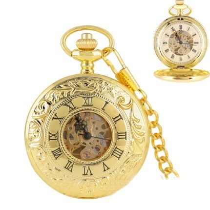 Men'S Auto Mechanical Movement Roman Dial Pocket Watch, Double Opening Case Mechanical Movement Pocket Watches