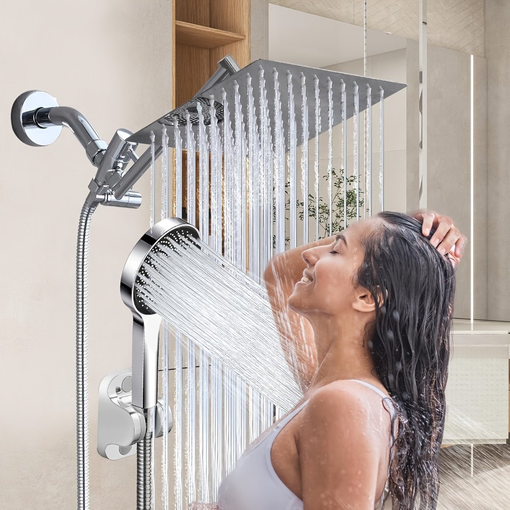 bb0c5479-6555-4e5b-994c-2b825ce80220.jpg Luxury Rainfall Shower Head Combo with Handheld Spray - Adjustable High Pressure, 11" Extension Arm & 59" Long Hose, Stainless Steel, Wall-Mounted, Diverter Control, Painted Finish, Square Shape, No Electricity Needed, Shower Accessories - Image 1