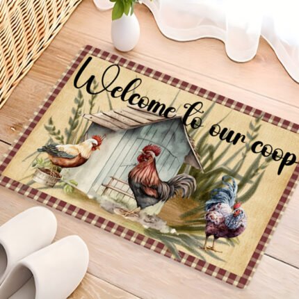 Charming 'Welcome to Our Coop' Doormat - Rustic Chicken Design with Non-Slip Rubber Backing, Durable & Machine-Washable, Perfect for Living Room, Bedroom, Kitchen - Low Pile, Rectangular Home Decor Mat