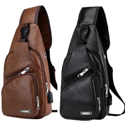 Faux Leather Sling Chest Bag, Lightweight Crossbody Bags For Men Women, Mini Sash Bag With USB Charging Port, One Strap Backpack For Travel Outdoor Camping (Light Brown/Black)