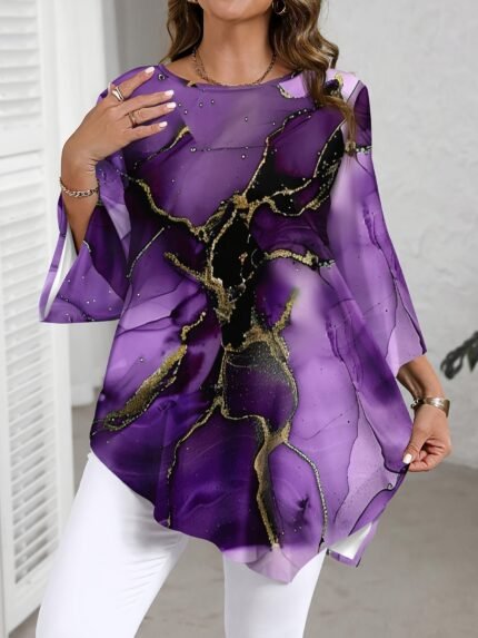 Plus Size, Plus Size Women's Printed Casual Elegant Shirt for Summer Outerwear